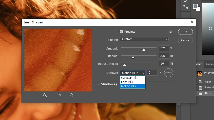Окно Smart Sharpen с выбором типа размытия в Adobe Photoshop