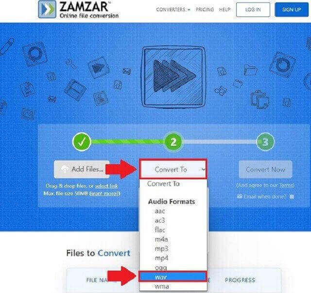 Интерфейс Zamzar с выбором аудиоформата WAV в поле Convert To
