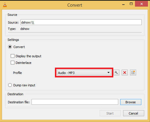 Окно Convert в VLC с выбранным профилем Audio MP3