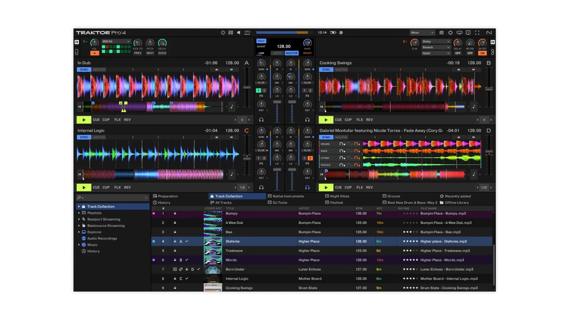 Интерфейс Traktor Pro 4 с четырьмя деками, волнами и браузером