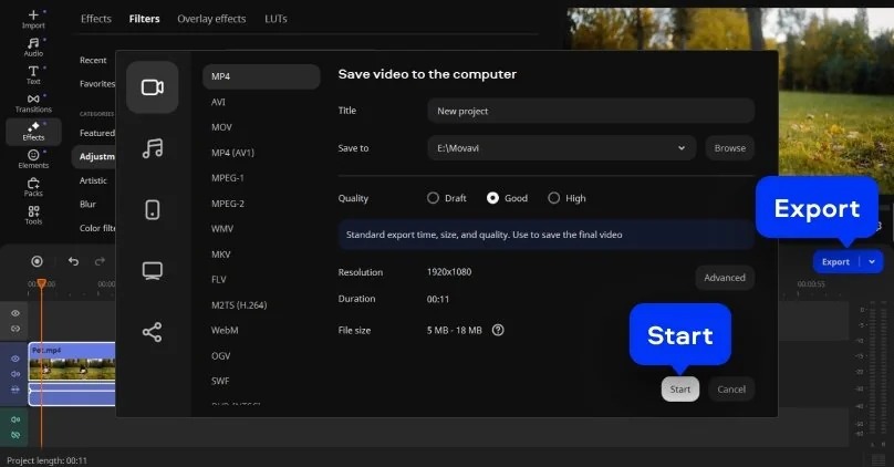 Окно экспорта в Movavi Video Editor