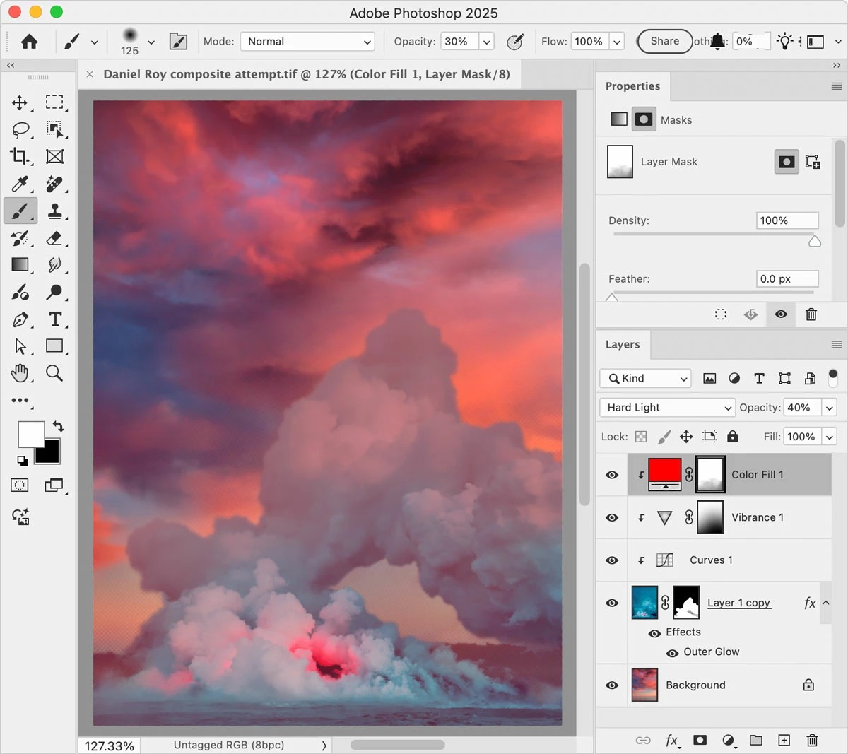 Adobe Photoshop 2025 с многослойной композицией, корректирующими слоями и маской