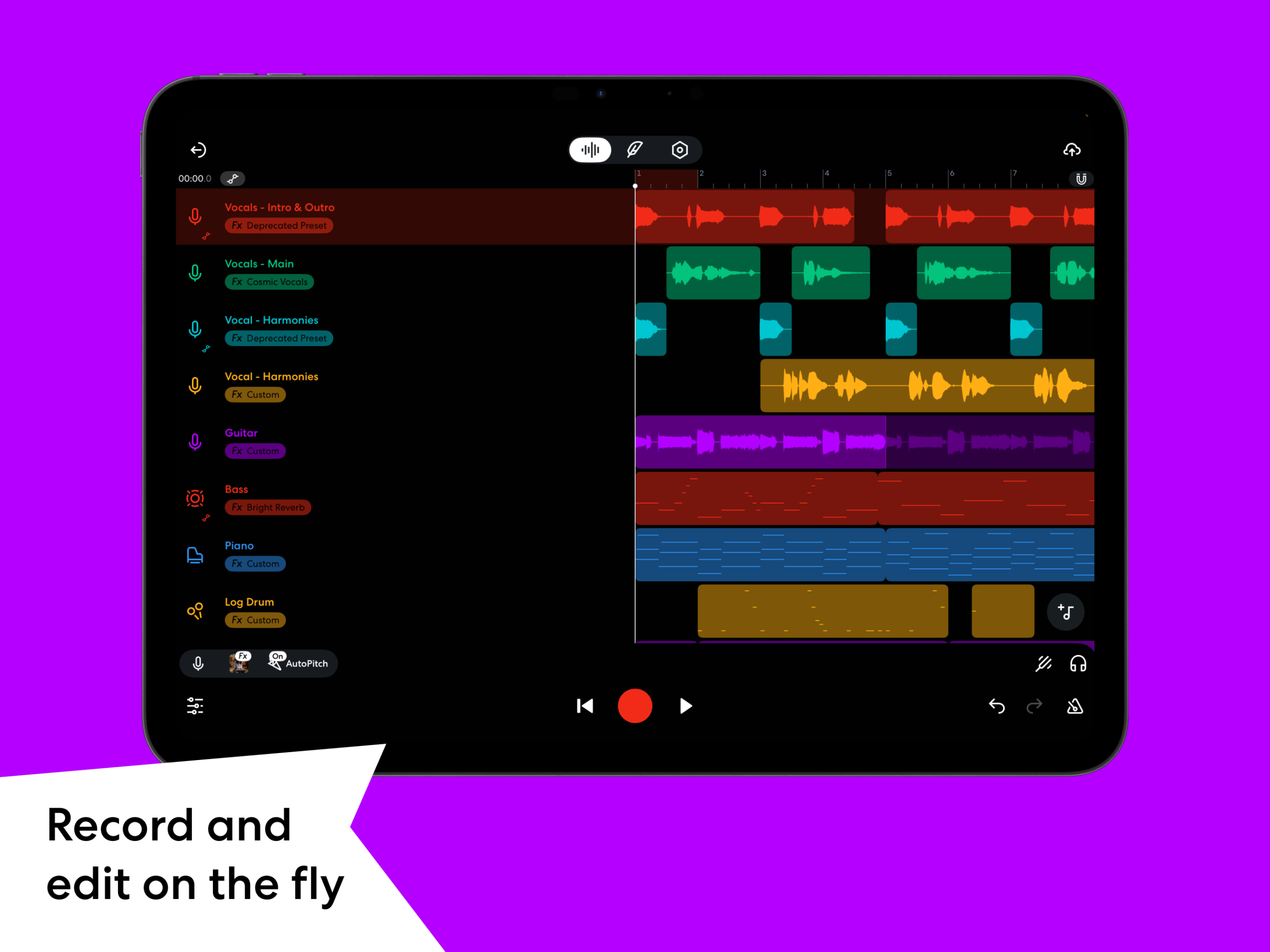BandLab Studio на iPad с многодорожечной сессией и инструментами записи