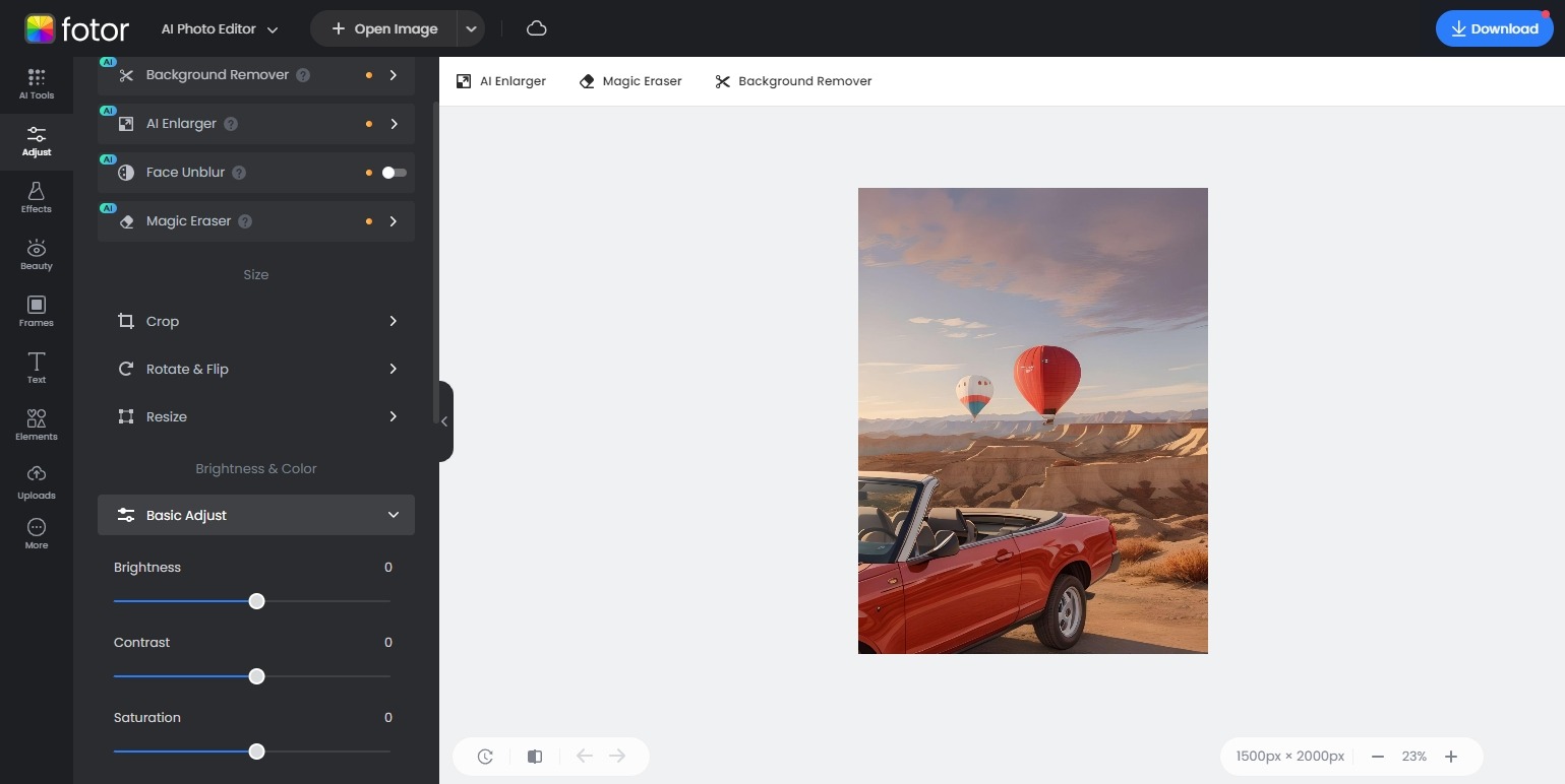 Интерфейс Fotor Photo Editor с фотографией и инструментами обработки
