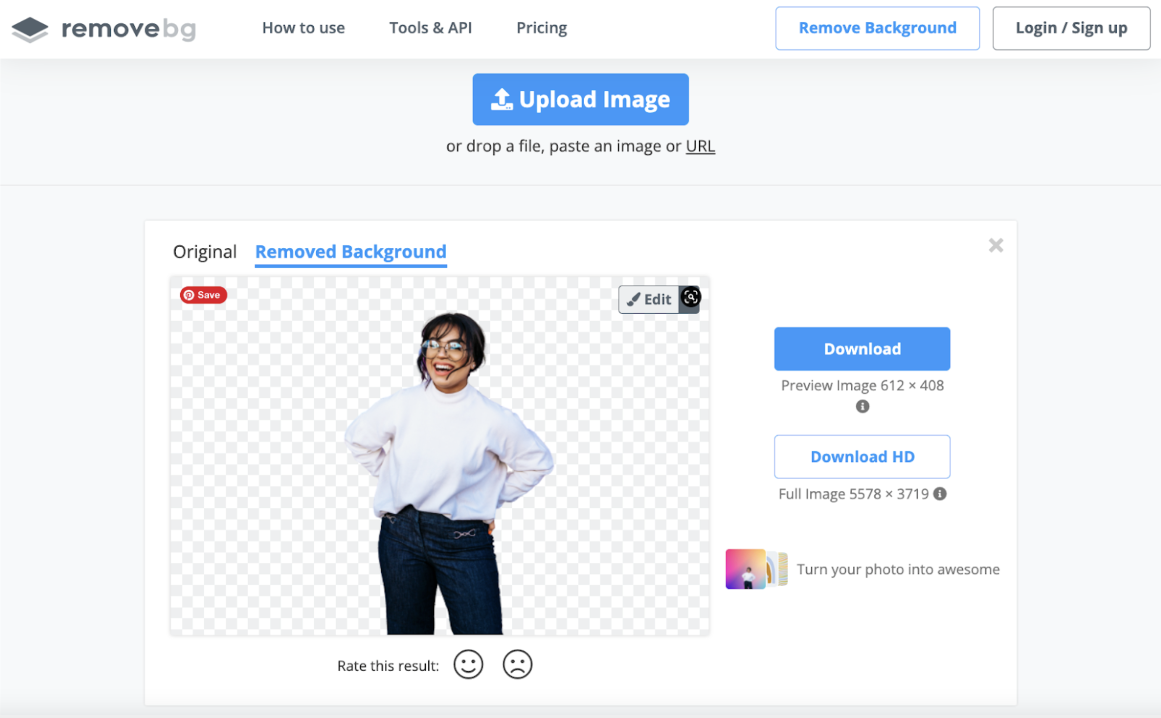 Веб-интерфейс remove.bg с автоматически вырезанным объектом на прозрачном фоне