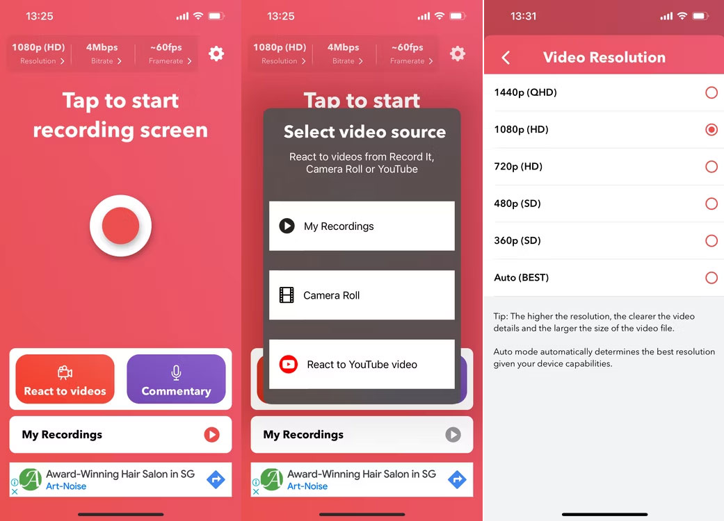 Интерфейс Record it! на iPhone с запуском записи, выбором источника и настройкой разрешения