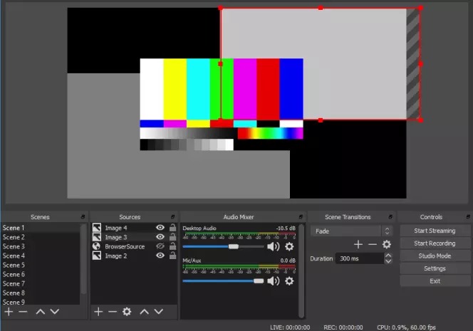 Интерфейс OBS Studio со списком сцен, источниками, микшером и окном предпросмотра