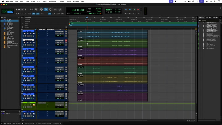 Интерфейс Pro Tools с окном Edit, дорожками и микшером
