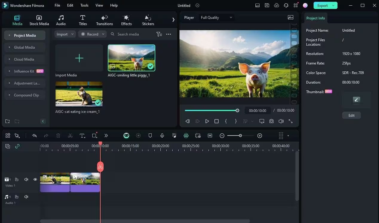 Интерфейс Wondershare Filmora с медиапанелью, предпросмотром и шкалой времени