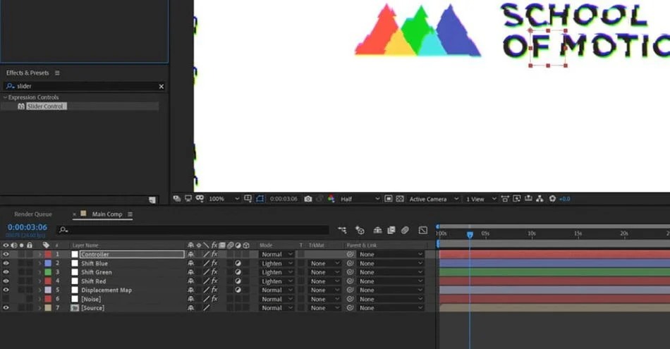 Контроллер и RGB-слои глитча в таймлайне After Effects