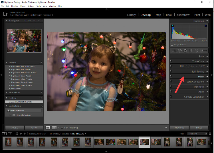 Интерфейс Adobe Lightroom Classic в модуле Develop с указанием панели Detail