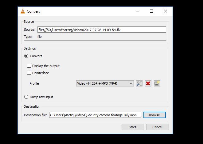 Диалог Convert в VLC media player с профилем MP4