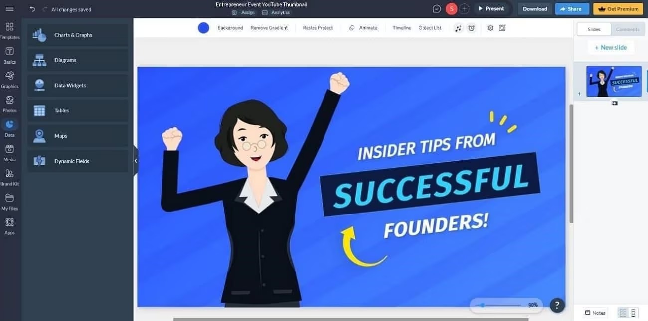 Интерфейс Visme с шаблоном обложки и панелью элементов