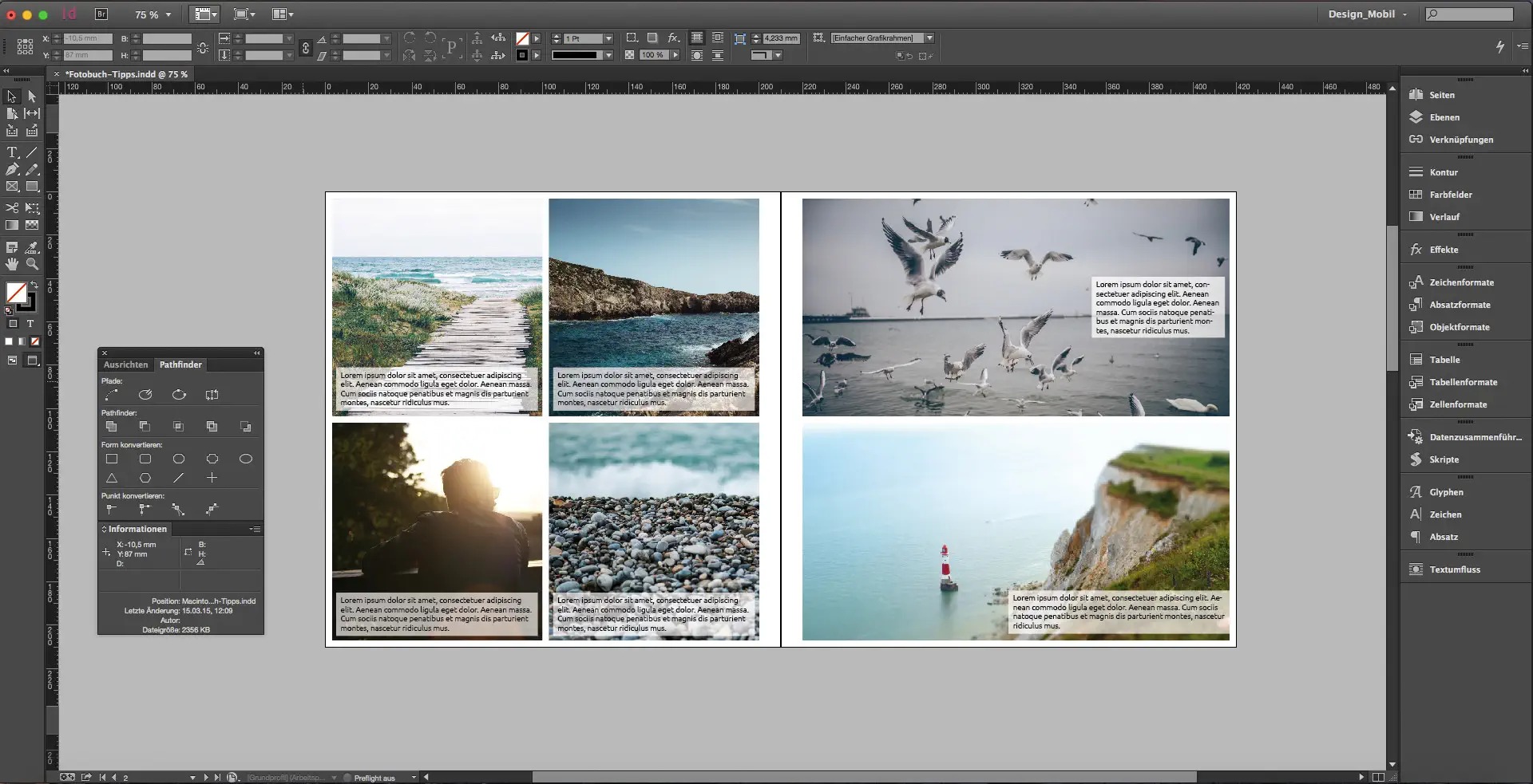 Верстка фотокниги в Adobe InDesign с панелями страниц и разворотами