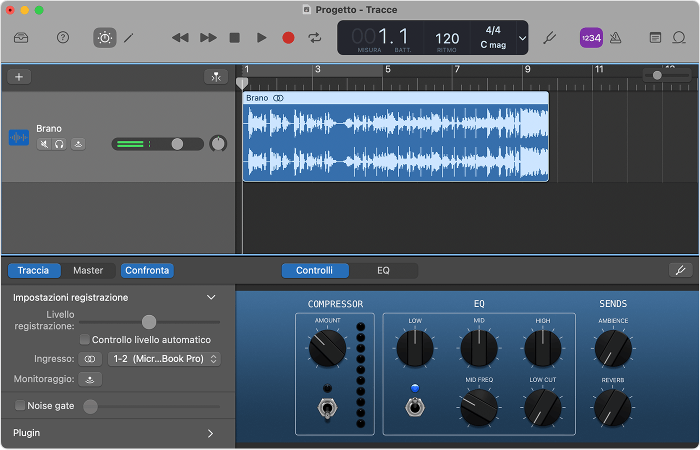 GarageBand на Mac с аудиодорожкой, волной и панелью настройки записи