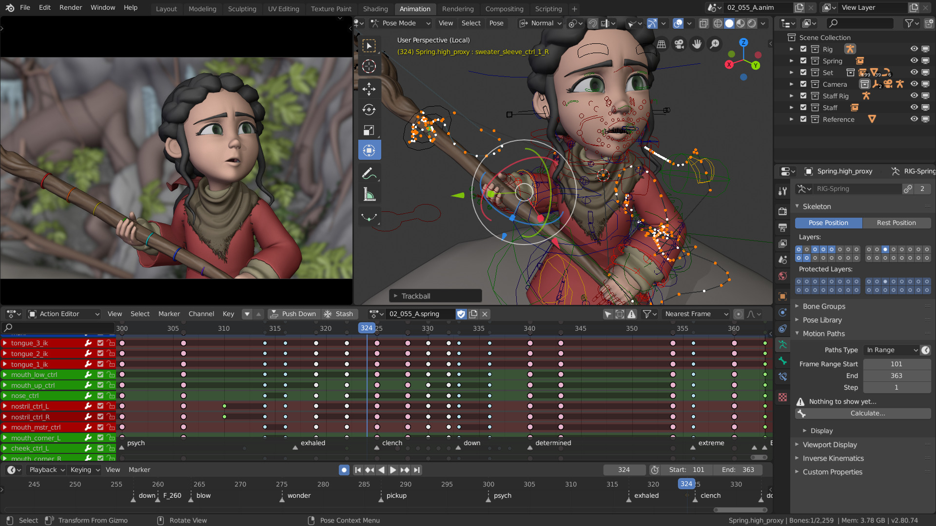 Рабочее пространство Blender с ригом персонажа и ключевыми кадрами