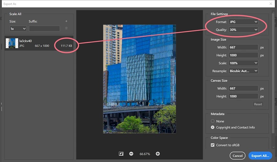 Окно Export As в Adobe Photoshop с форматом JPG качеством размером и цветовым пространством