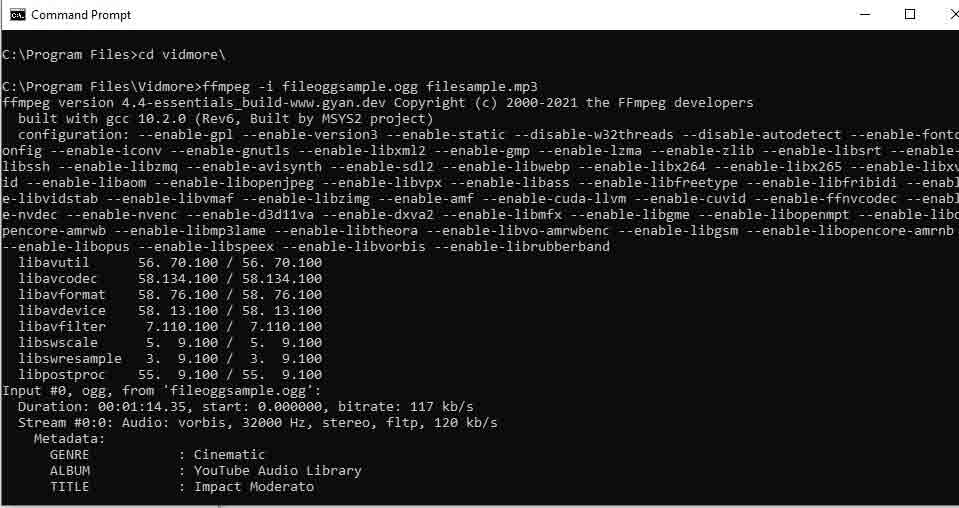 Командная строка FFmpeg во время преобразования OGG в MP3