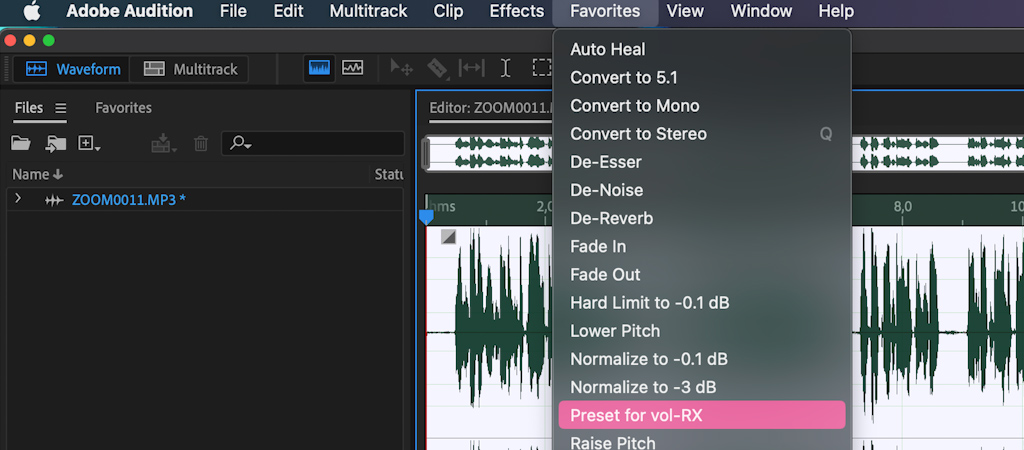 Waveform Editor и меню эффектов в Adobe Audition