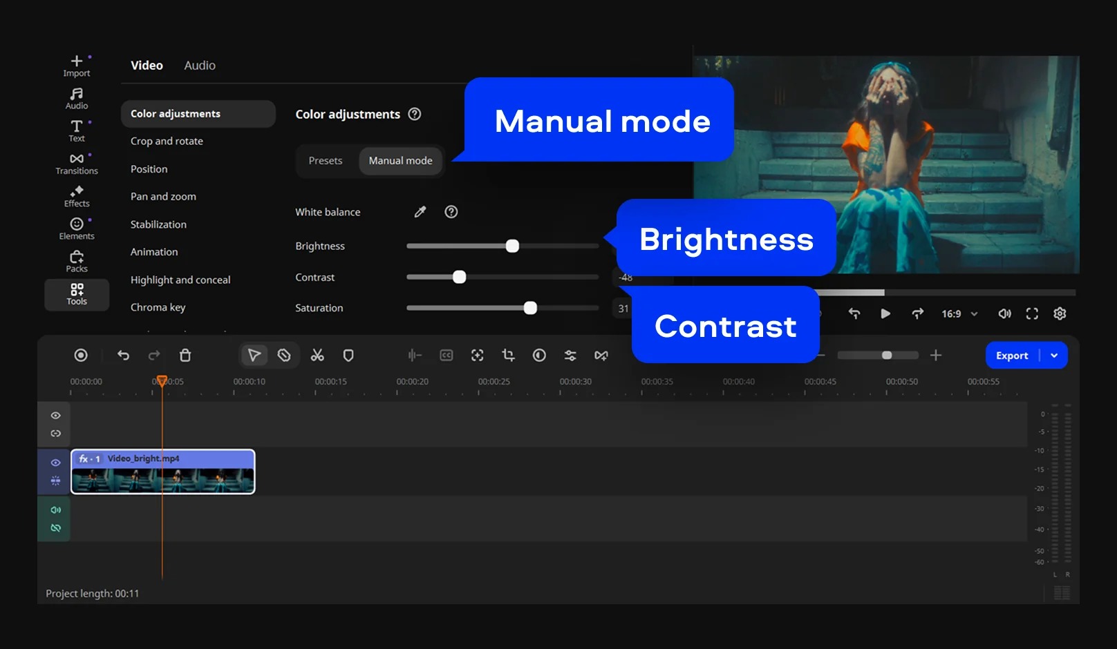 Интерфейс Movavi Video Editor с панелью ручной цветокоррекции и таймлайном