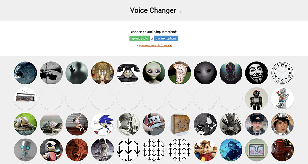 Интерфейс VoiceChanger.io с загрузкой аудио, микрофоном и иконками голосовых эффектов