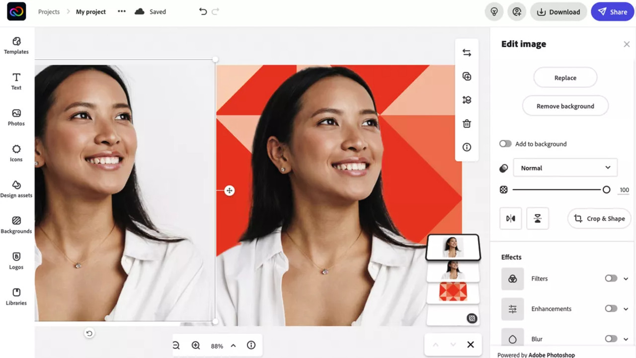 Рабочее окно Adobe Express с холстом и панелью инструментов дизайна