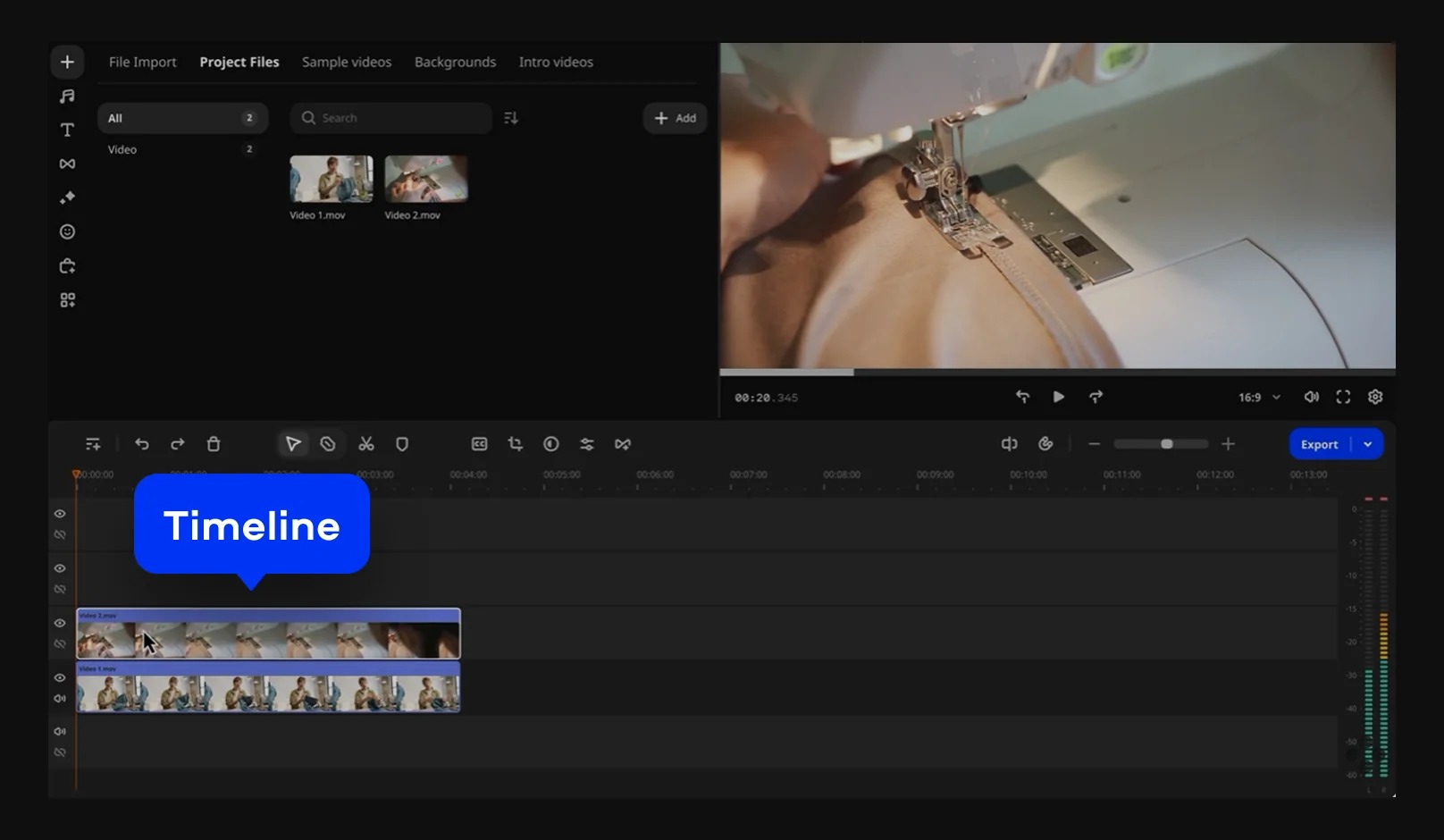 Интерфейс Movavi Video Editor с медиатекой, предпросмотром и многодорожечной временной шкалой