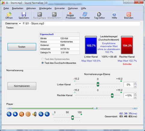 Интерфейс Sound Normalizer с анализом уровня и настройкой нормализации