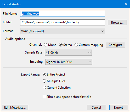 Диалог Export Audio в Audacity с форматом WAV, частотой, каналами и кодированием PCM
