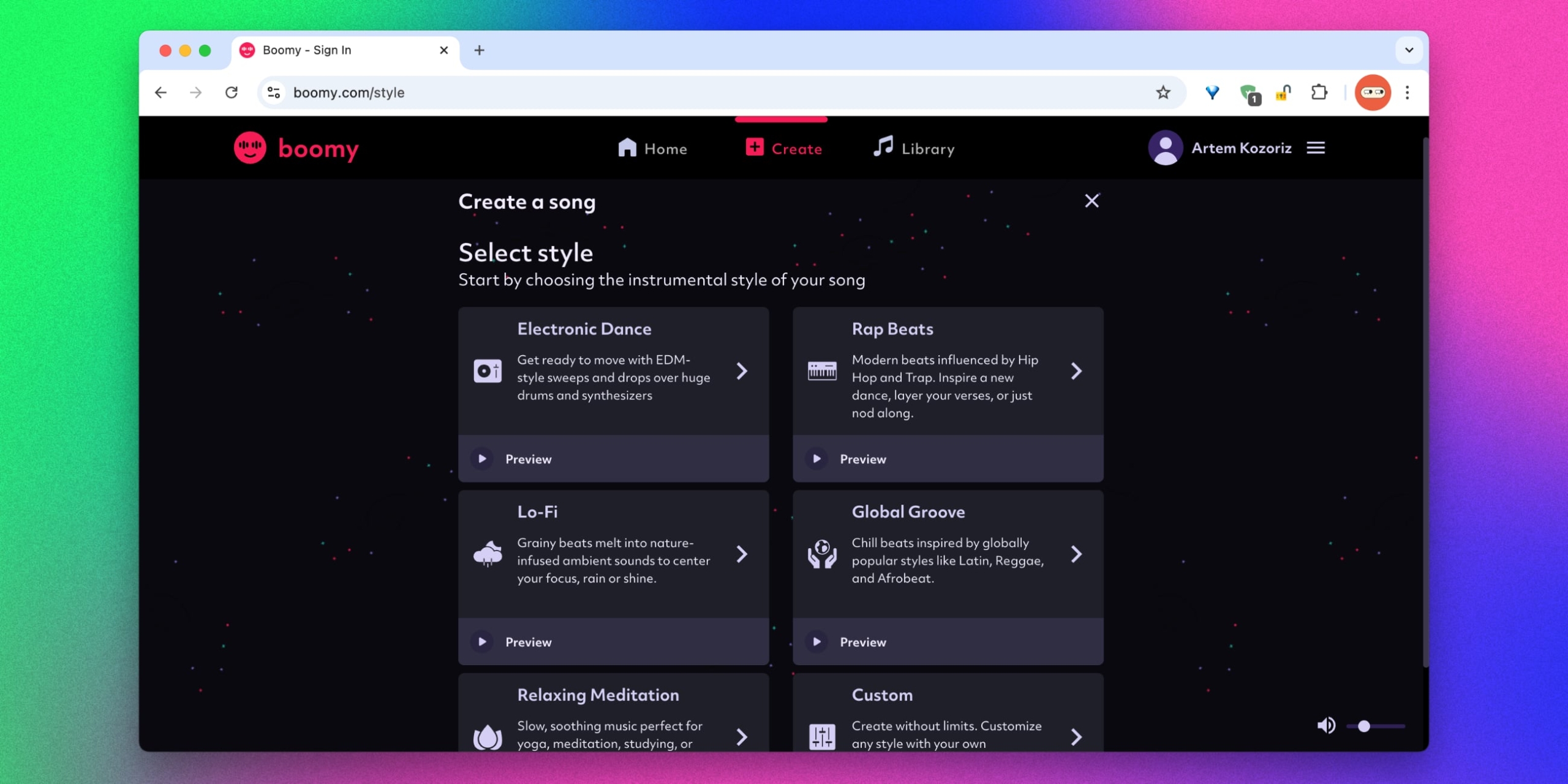 Интерфейс Boomy с выбором стиля для новой песни