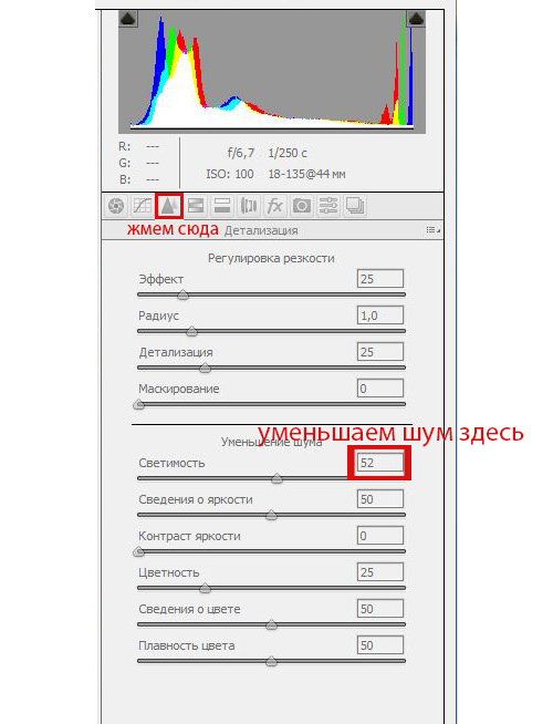 Панель детализации и шумоподавления Adobe Camera Raw