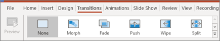 Галерея переходов на вкладке Переходы в PowerPoint