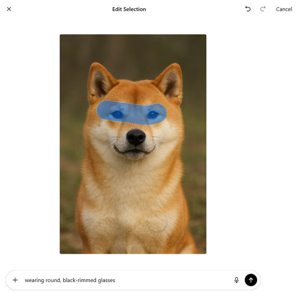 Редактор ChatGPT Images с выделенной областью фотографии и полем для инструкции