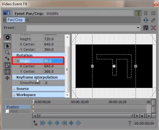 Окно Event Pan Crop в VEGAS Pro с настройкой Rotation для видеоклипа