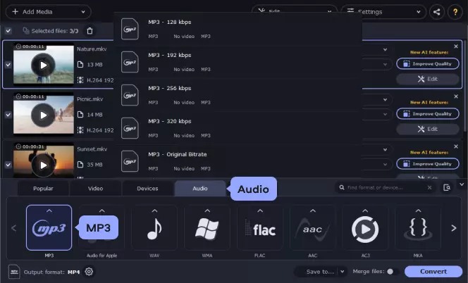 Интерфейс Movavi Video Converter с вкладкой Audio и профилями MP3