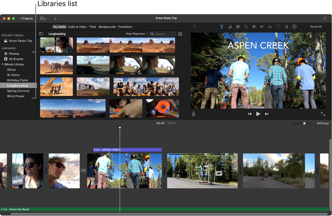 Интерфейс iMovie на Mac с медиатекой, окном просмотра и таймлайном