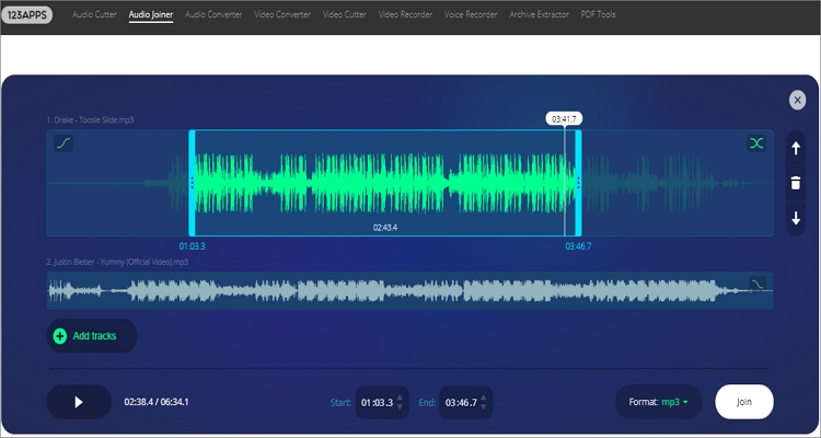 Интерфейс 123apps Audio Joiner с дорожками и выбором диапазона
