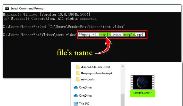 Терминал с командой FFmpeg для конвертации WebM