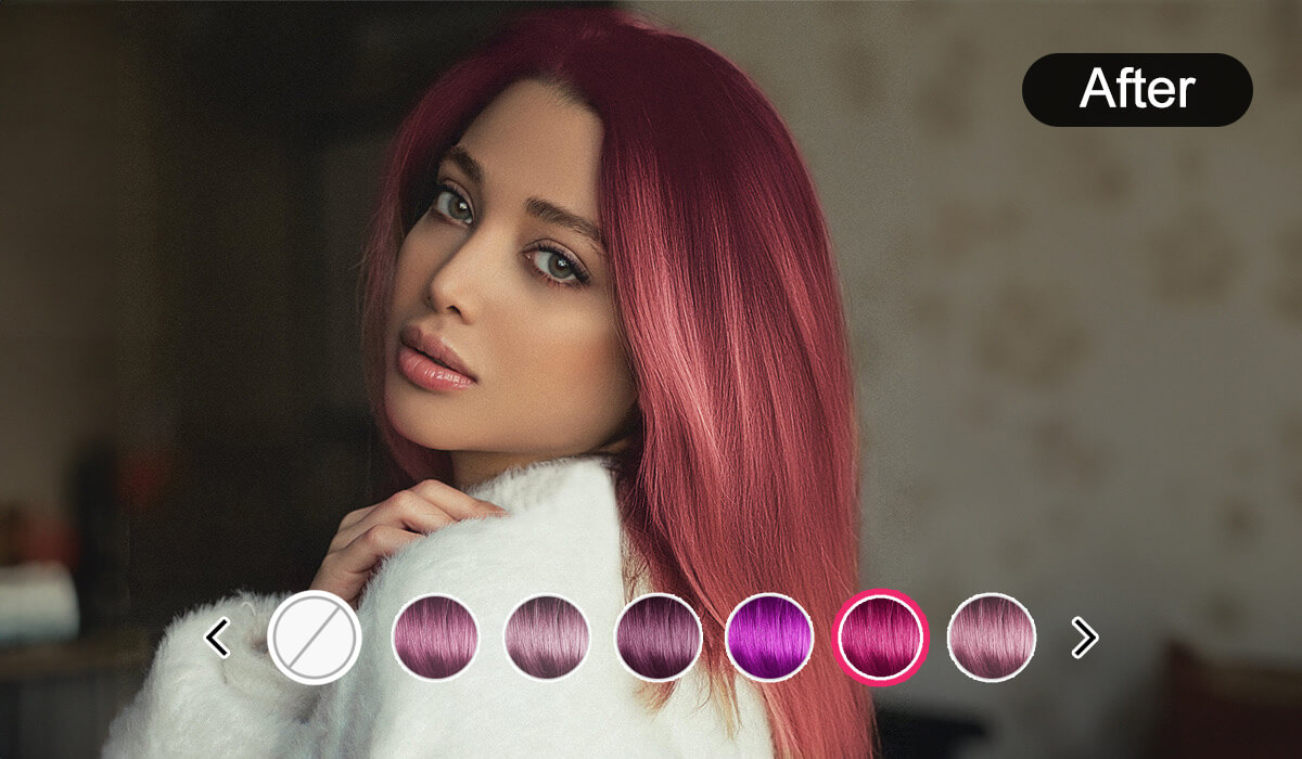 Интерфейс YouCam Makeup с палитрой виртуального окрашивания волос