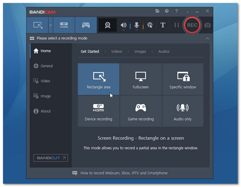 Главное окно Bandicam с режимами Rectangle area, Fullscreen и Specific window