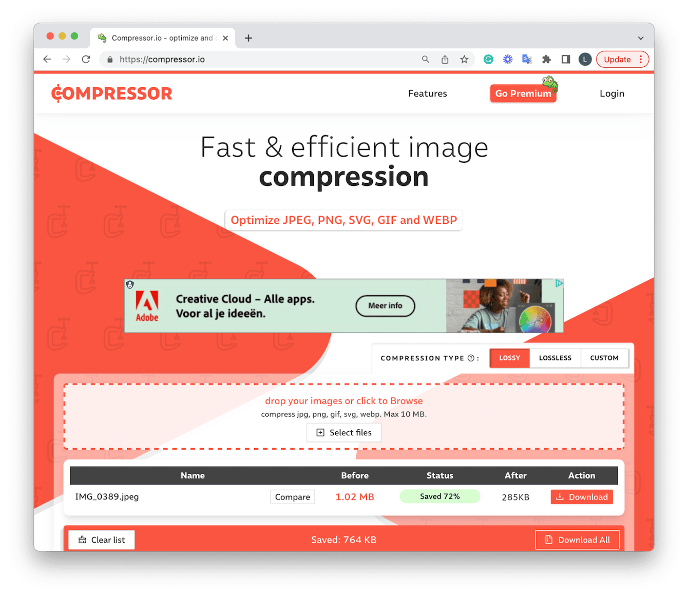 Интерфейс Compressor.io с загрузкой изображения для сжатия