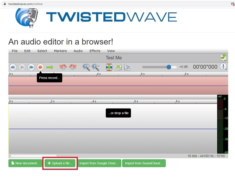 Интерфейс TwistedWave Online с волной и кнопками загрузки аудио