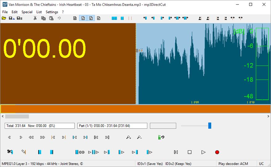 Интерфейс mp3DirectCut с MP3-файлом и шкалой редактирования
