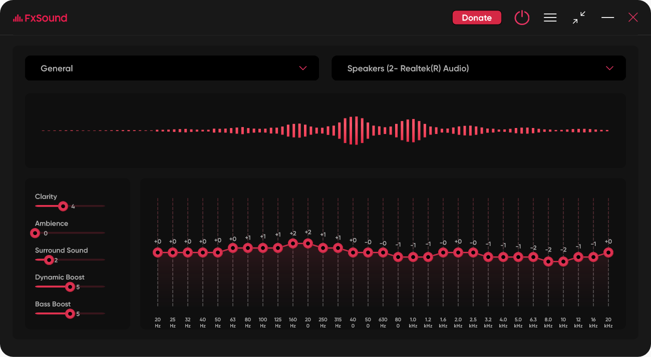 Интерфейс FxSound с эквалайзером, визуализацией сигнала и выбором устройства вывода