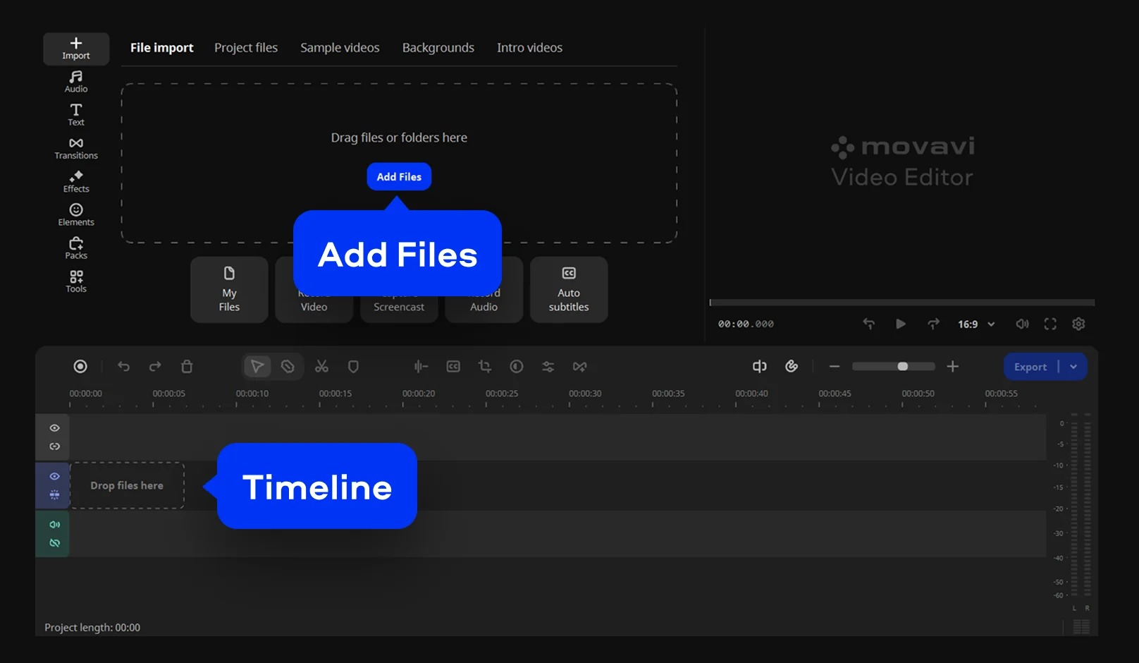 Интерфейс Movavi Video Editor с кнопкой Add Files и пустым Timeline