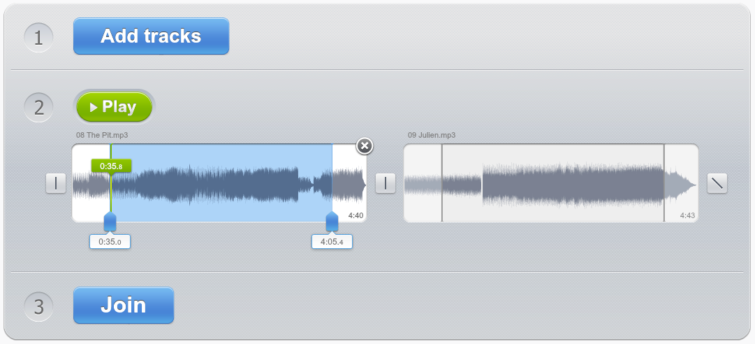 Интерфейс Online Audio Joiner с двумя аудиодорожками и кнопкой Join