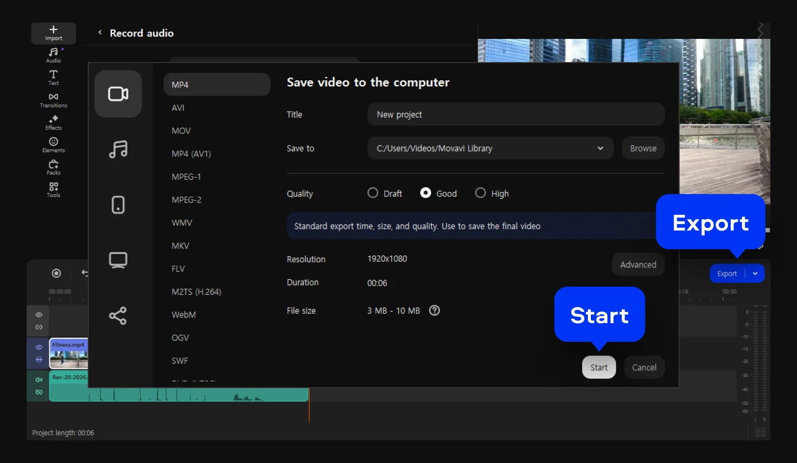 Окно экспорта Movavi Video Editor после озвучки