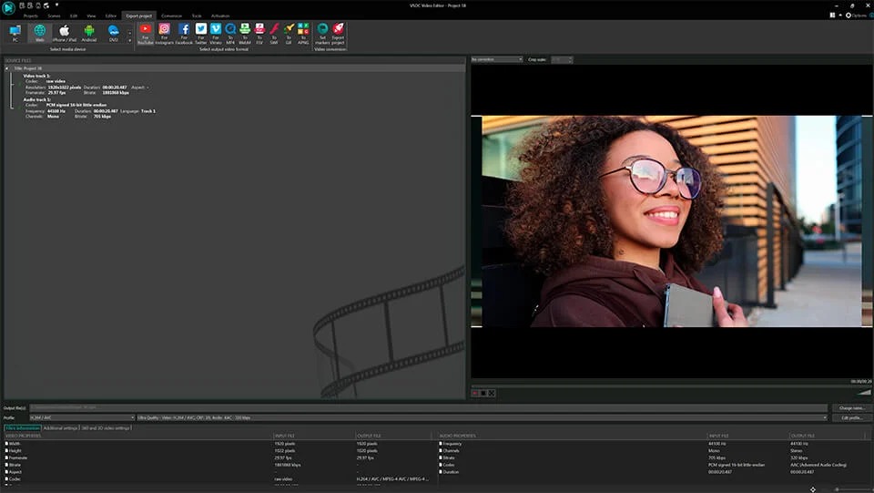 Вкладка экспорта проекта в VSDC Free Video Editor