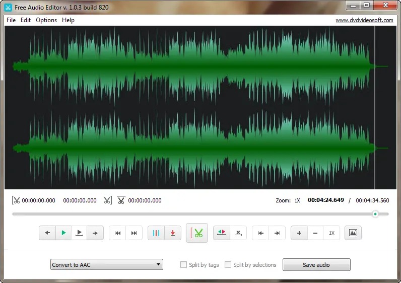 Окно Free Audio Editor с формой волны и выделением фрагмента