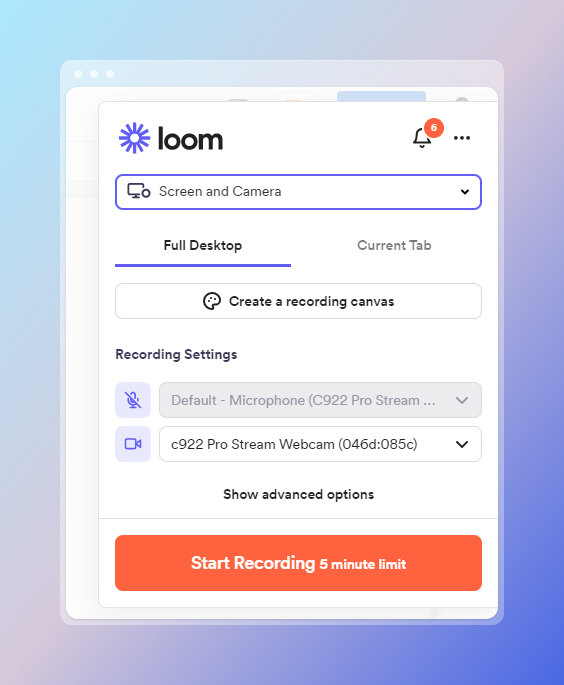 Панель Loom Chrome с выбором Screen and Camera, Full Desktop и Current Tab